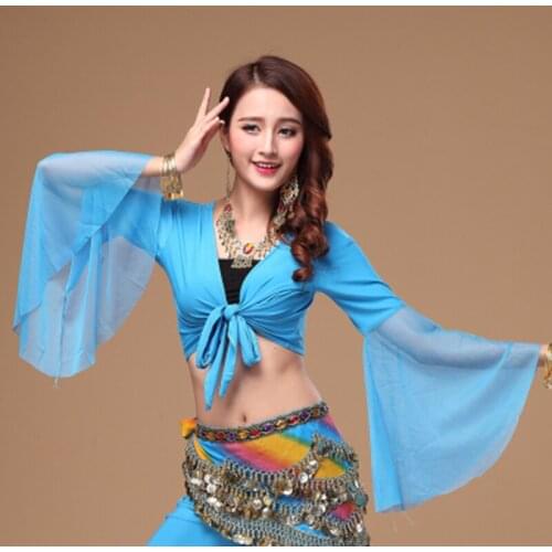 Belly dance top Hot popular sexy women dancing costume dress on sale Mesh horn sleeve high elastic