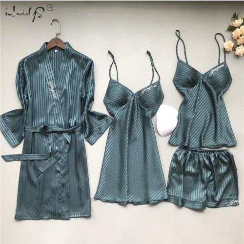 2021 Spring Autumn Women Silk Pajamas Sets With Chest Pads Pijama Sleepwear 4 Pieces Solid color stripes Satin Pyjamas