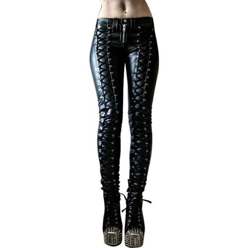 Steampunk Women Faux Leather Cosplay Pants Carnival Party Skinny Button Trousers