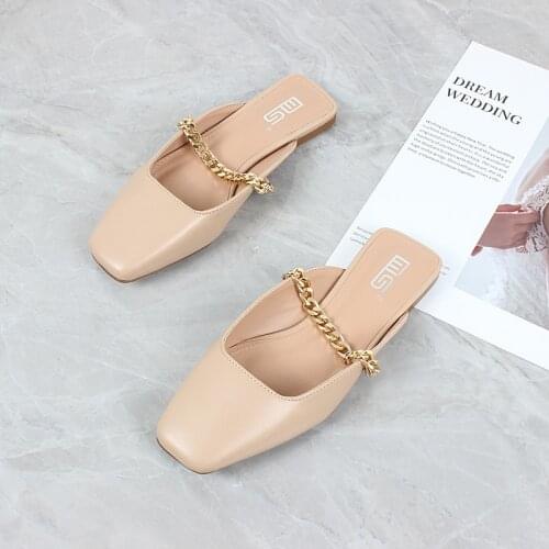 Womens slippers 2021 summer fashion squre-toed shallow metal chain decoration flat mules casual comfortable shoes size 36-41