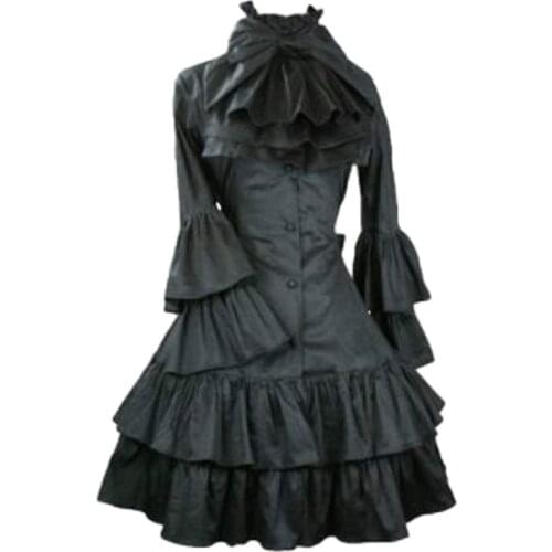 Womens Gothic Trench Coat Black Long Bell Sleeve Cotton Coat with Detachable Ruffled Bowtie