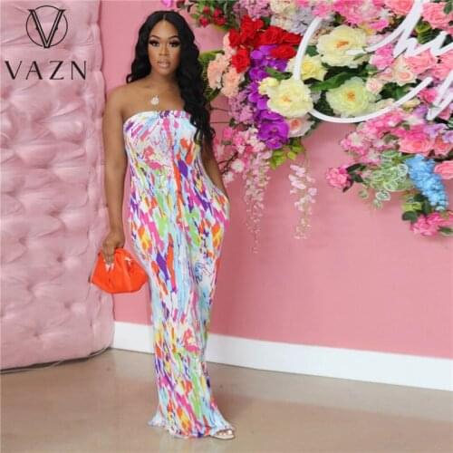 VAZN Spring and Summer 2021 European and American Womens Casual Print Strapless Wide-Leg Jumpsuit Nightclub