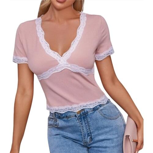 2021 Fashion Trend Womens V Neck Crop Tops Sexy Short Sleeve Lace Patchwork Color Block Tee Summer Simple New Fitting T-shirts