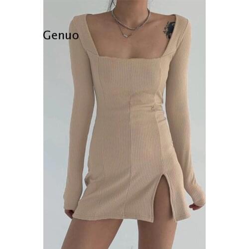 Split Side Solid Bodycon Mini Dress Women Square Collar Ribbed Casual Short Dresses Ladies Long Sleeve Korean Fashion