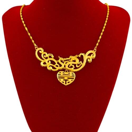 Genuine 24K Gold Plated Pendant Necklace for Women Water Wave Chain Dragon Phoenix Wedding Jewelry Bridal Statement Gifts Female