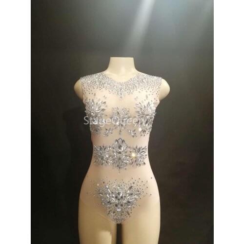 Women Sexy Stage Glass Rhinestone Perspective Mesh Bodysuit 3D Printed Nightclub Party Birthday Celebrate Stage Wear Costumes