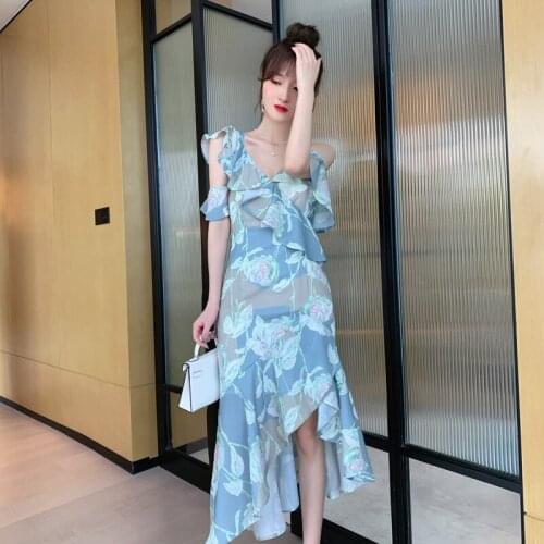 2020 New Print Floral Summer Dresses for Women Off Shoulder Asymmetrical Blue Chiffon Dress Ladies Flower Midi Bohemian Dress