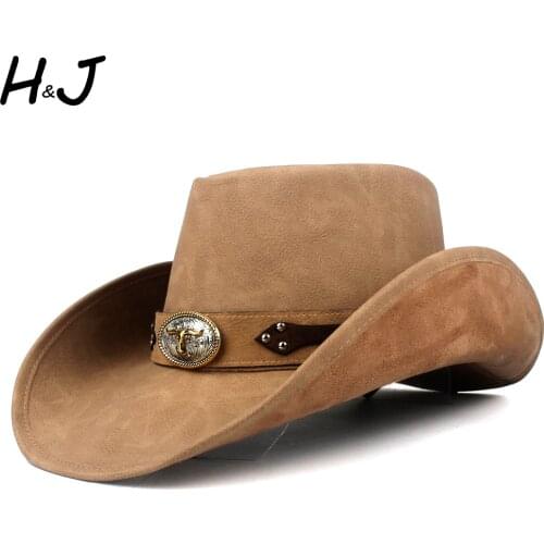 100% Leather Men Western Cowboy Hat For Gentleman Dad Fedora Cowboy Sombrero Hombre Jazz Caps With Bull Band Size 58-59CM