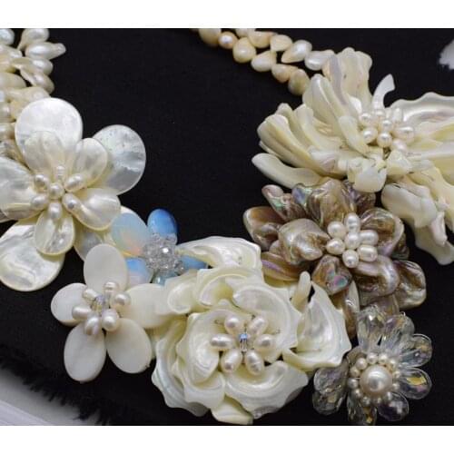 2rows freshwater pearl white baroque sea shell flower necklace 19inch FPPJ wholesale beads nature