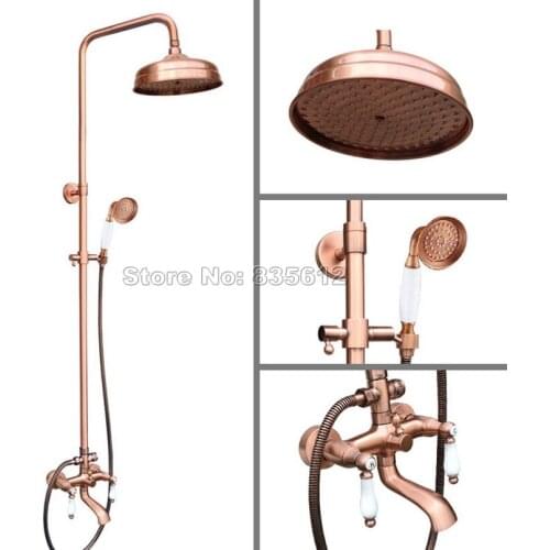8 inch Shower Head Rain Shower Faucet Set with Handheld Shower Wall Mounted Antique Red Copper Bathroom Bathtub Mixer Tap Wrg574