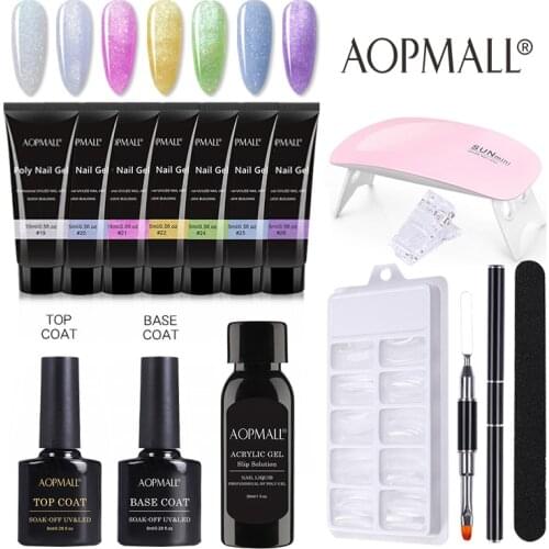 AOPMALL® 7 Color Poly Nail Gel 15 Pcs Manicure Starter Set with UV/LED Lamp Soak Off Gel Nail Polish Kit Tools Set Extension