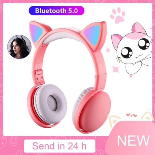 Cute Cat Ear Wireless Headphones Kids Girl Bluetooth 5.0 Music Stereo Headset Noise Cancelling Luz LED Earphones With Mic Gift