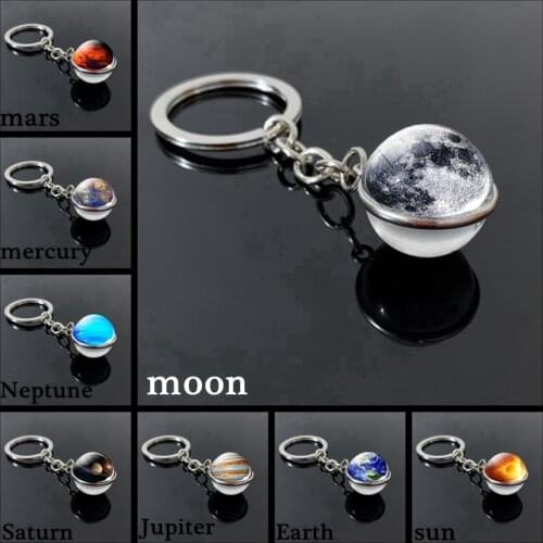 Solar System Planet Keyring Galaxy Nebula Space Keychain Moon Earth Sun Mars Art Picture Double Side Glass Ball Key Chain