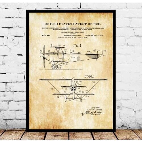Curtiss 1919 Reconnaissance Biplane Patent Blueprint Poster