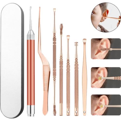 7pcs/set LED Ear Wax Pickers Ear Pick Cleaner Ear Cleaner Spoon Care Ear Clean Tool Stainless Steel Earpick Wax Remover Curette