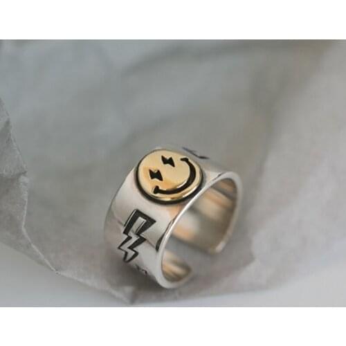 Japanese and Korean Tide Brand Personality Net Red Gold Wide Face Smiley Ring Female Fashion Couple Open Wild Ring Accessories