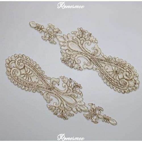2Pcs 11X35.5cm Lace Applique in Lace Light Gold Embroidered Bridal Dress Wedding Decorative Sewing Champagne Gold Trim Craft