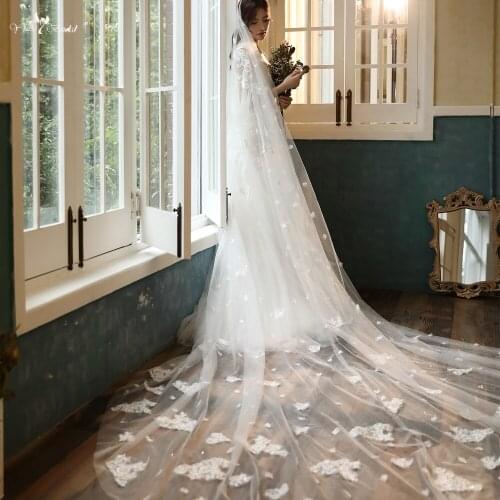 LZP538 Elegant Lace One Layer Cathedral Wedding Veil 4 Meters Long Soft Tulle Bridal Veil