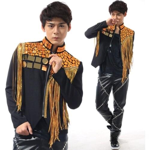 Male Gold Rhinestones Jacket Tassels Mirror Coat Rock Dancer Bar Dj Ds Clothing Men Nightclub Punk Singer Stage Costume XS2402