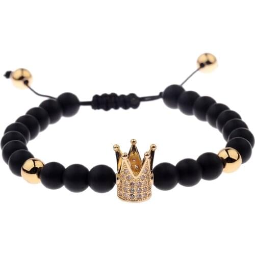 Amader Charm Men Weave Braiding 6mm Black Matte Stone Bead Bracelet Pave Setting CZ Crown Women Macrame Strand Braclet WAB1230