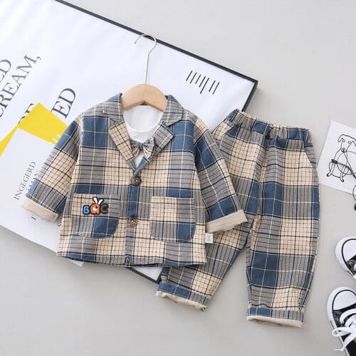 2020 New Spring Children Kids Formal Cotton Gentleman bow Casual Boys plaid suit T-Shirt Pants 3pcs/sets Infant Suit Clothes set