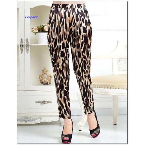 New arrival pure silk stretched satin lady casual pants,natural silk elastic waist leopard print side-pockets trousers women