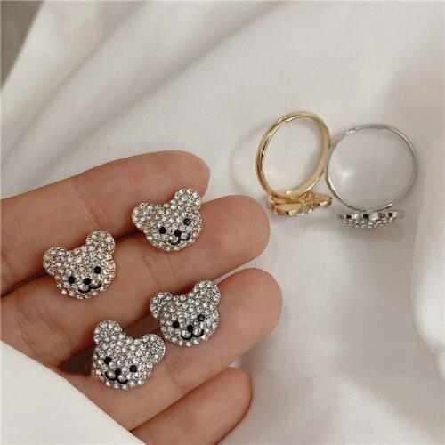 Origin Summer Cute Vintage Little Bear Stud Earring for Women Girls Temperament Bling Bling Rhinestone Metal Earring Jewellery