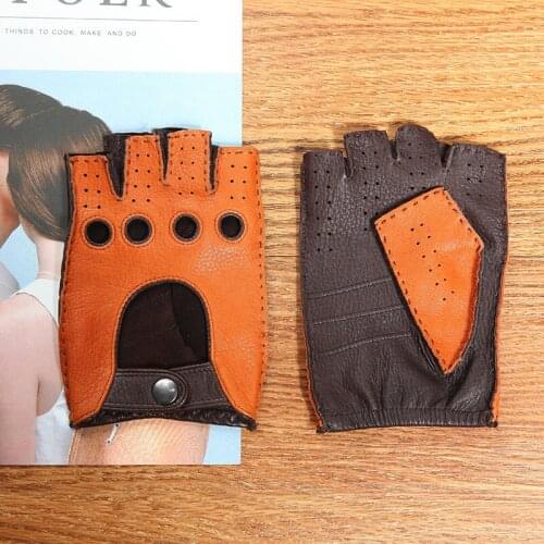 Genuine Leather Mens Half Finger Gloves Anti-Slip Driving Breathable High Quality Real Deerskin Gloves Male Brown Camel DQ0132M
