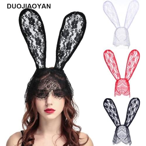 DUOJIAOYAN New Lace Rabbit Headband Women Bunny Ears Hairband With Veil Girls Halloween Headwear Sexy Party Hair Accessories