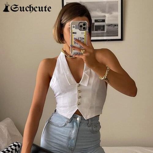 SUCHCUTE Sexy Backless Botton Up Corset Crop Top Turn Down Collar Skinny Tank Tops For Women 2021 Summer Streetwear Halter Top