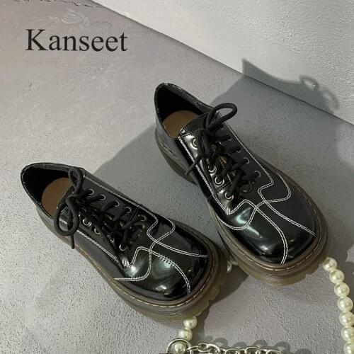 Kanseet Womens Shoes 2021 Autumn New Round Toe Black Lace-Up Genuine Leather Female Shoes Mid Heels Handmade Basic Women Pumps