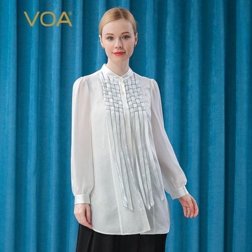 VOA 22m/m Silk Jacquard Stand Collar White Single Breasted Cross Ribbon Embellishment Medium Length Straight Tube Shirt BE333