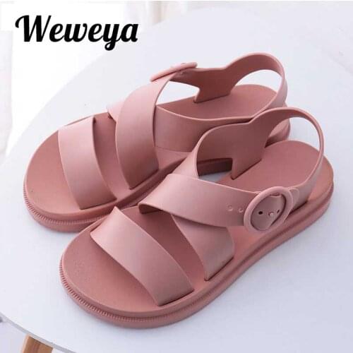 Women Flat Sandals Gladiator Open Toe Buckle Soft Jelly Sandals Female Casual Summer Flat Platform For Girl Beach Shoes Woman 40