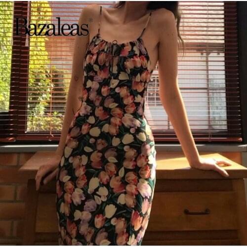 2021 Slim Red Tulip Print Black Vestidos Neckline Tie Women Summer Dress Vintage Straps Girl Tank Dress