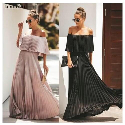 Women Slash Neck Pleated Maxi Dress Summer Off Shoulder Sexy Party Dress Elegant Formal Evening Gown Dresses Vestidos