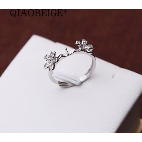 QIAOBEIGE 925 terling pearl ring Fashion Woman Girl Party Wedding Gift Silver Double flower S925 Sterling Silver Ring
