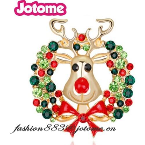 Gold Multicolor rhinestone wreath deer And Bow Crown Brooch pin Christmas Gift For accessories