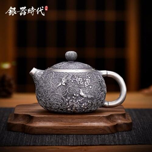 Ag999 Sterling Silver Teapot Hand-Forged Retro Kitchen Utensils Built-in Filter Handmade Coffee Tea Pot