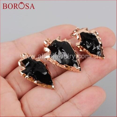 BOROSA 1piece Arrowhead Rose Gold Color Black Obsidian Pendant Bead,3 Sizes Natural Stone Drusy Necklaces Pendants R0503