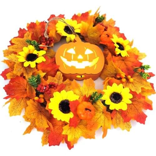 Halloween Decoration Wreath Ornaments Autumn Maple Pumpkin Wreath LED Lights Home Door Hanging Decor Party Decor For Home