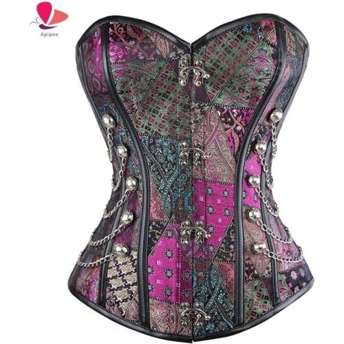 Purple Steampunk Spiral Steel Boned Steampunk Gothic Bustier Corset with Burlesque Costumes Overbust Corset with G-string