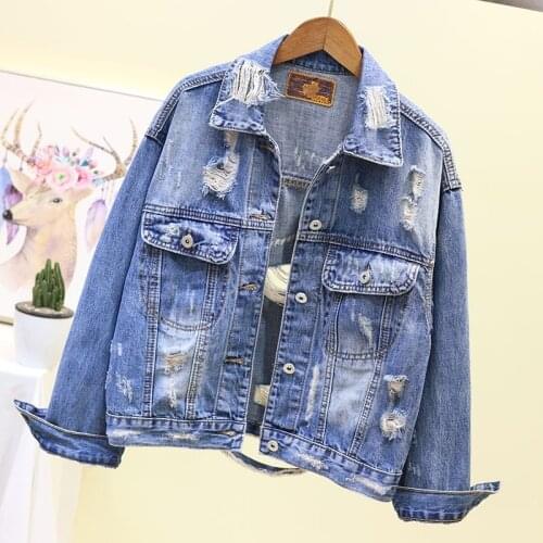 Boy Friend Style Korean Women Long Sleeve Hole Frayed Women Denim Jackets Fashion Single Breasted Loose Casual Female Coats