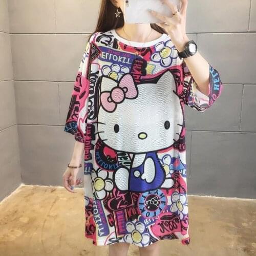 2021 Sanrio summer cartoon Mesh Hello Kitty short-sleeved cute T-shirt girl mid-length loose style t-shirt skirt