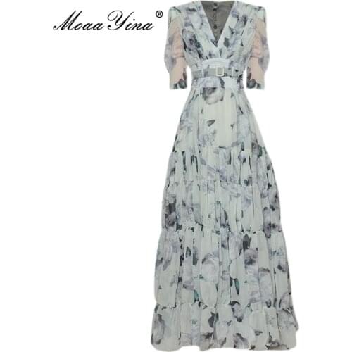 MoaaYina Fashion Designer Summer Midi Dresses Womens V-neck Sashes Floral print Chiffon High waist Vintage Party Dress