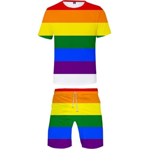 Fashion 3D Printing Two-Piece Suit Mens Womens Rainbow Flag Lesbian Gay Harajuku Short-Sleeved T-Shirt Shorts Clothes