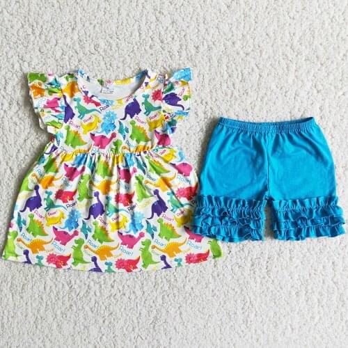 New Design Little Girls Summer Clothing Fashion Kids Designer Clothes Girls Flutter Icing Shorts Dinosaur Boutique Girls Clothes