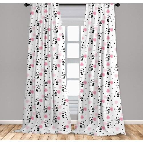 Panda Window Curtains Childrens Cartoon Style Bear Drawings with Pink Foliage Leaves Chinese Window Drapes with Rod Pocket