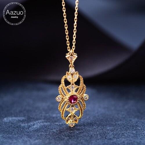 Aazuo Real 18K Yellow Gold Real Diamond Natural Ruby Vintage Style Olive-shaped Pendent Necklace gifted for Women Au750