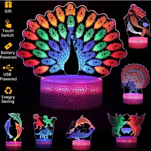 Peacock 3D Night Lights for Kids 3D Illusion Lamp Touch Control Colors Changable with 3 Pattern Peacock Toys for Birthday Gifts