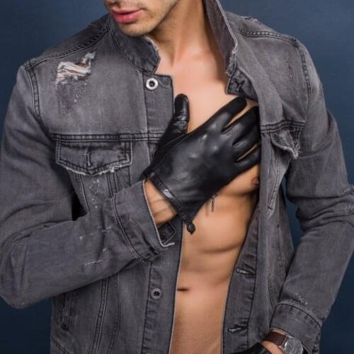 Unlined Genuine mens leather gloves short fit tight style driving winter gloves goatskin Touch Screen side zip with button